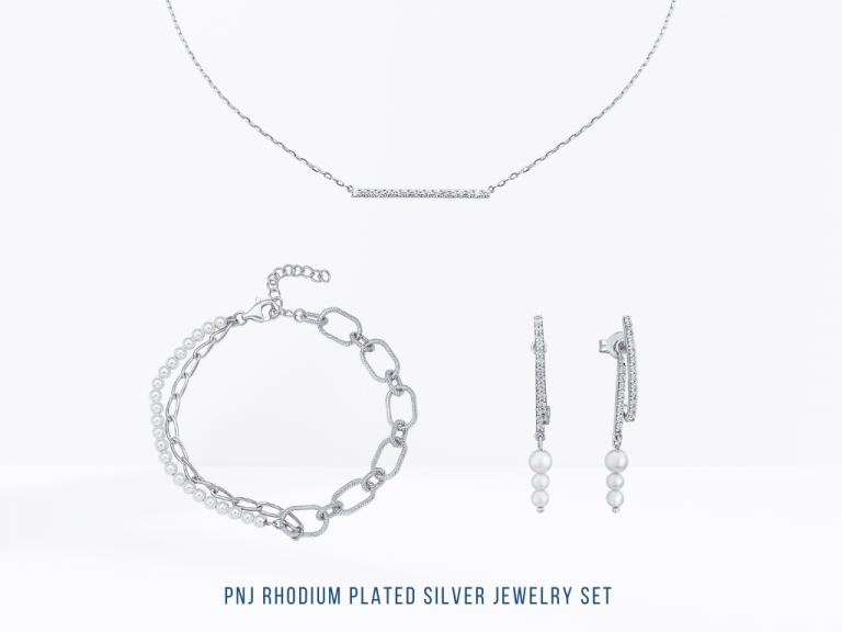 pnj rhodium plated silver jewelry set