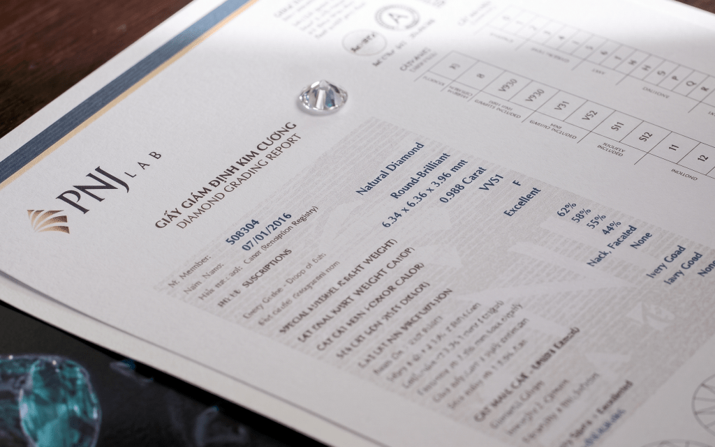 Diamond certificate issued by PNJ Lab